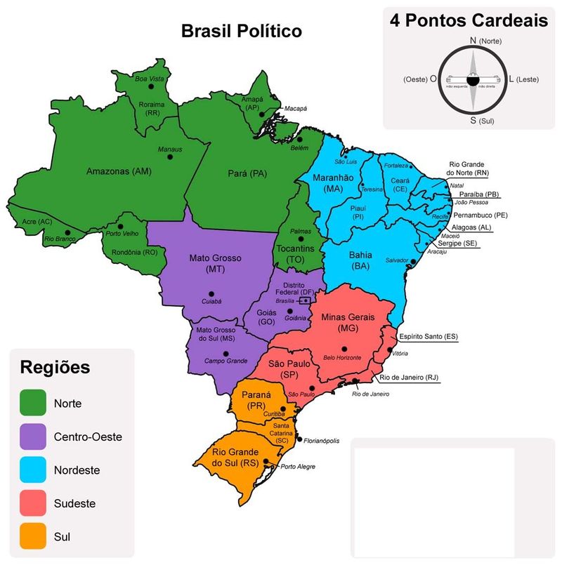 Mapa do Brasil com as Regiões A4